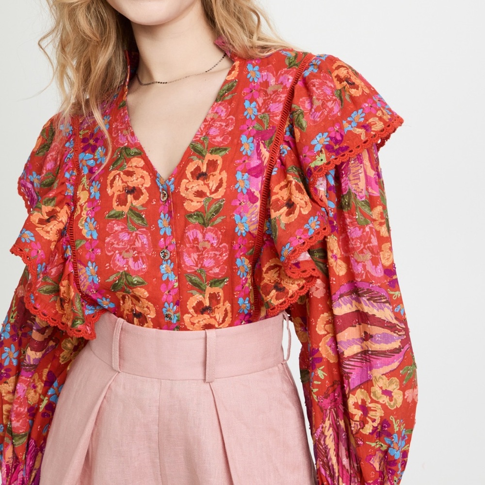 FARM Rio Vibrant Floral Blouse in Red and Pink - Size XS